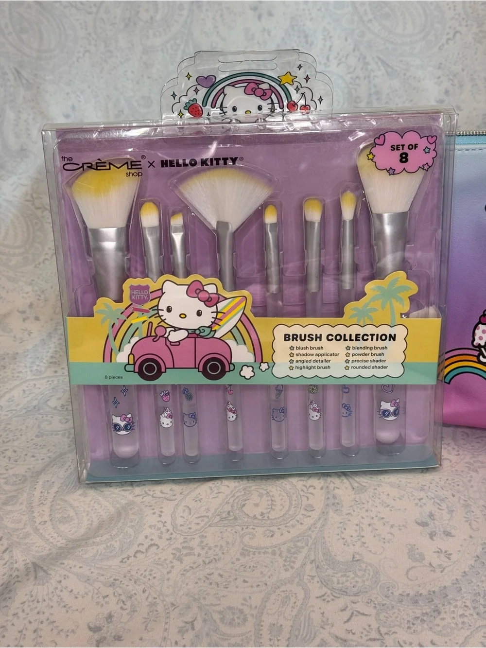 Hello Kitty Purple to Blue Ombre Cosmetic Pouch with Pink Brush Set of 8